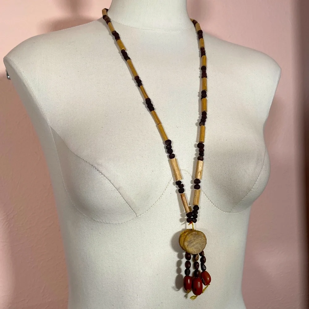 Vintage NATIVE AMERICAN Drum Southwestern Wooden Boho Festival Powwow Necklace